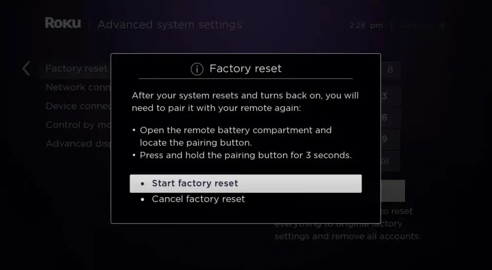 Select Start factory reset - Roku Not Enough Space