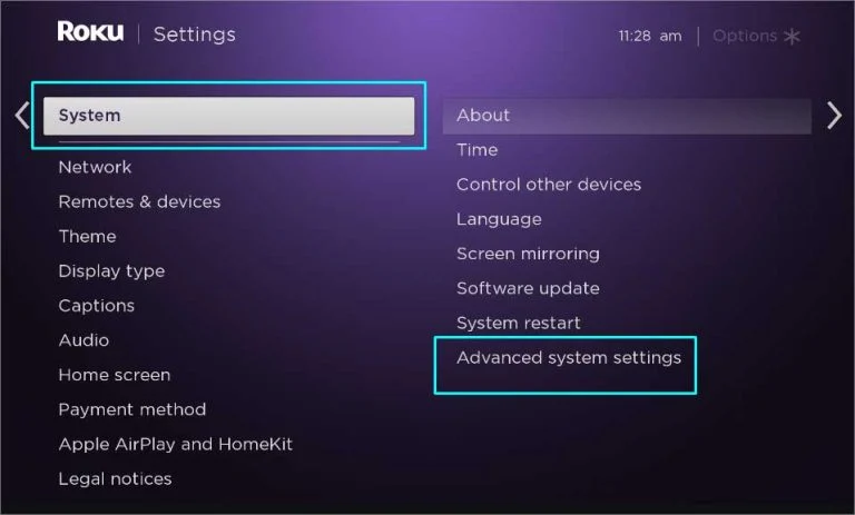 Move to the advance system settings