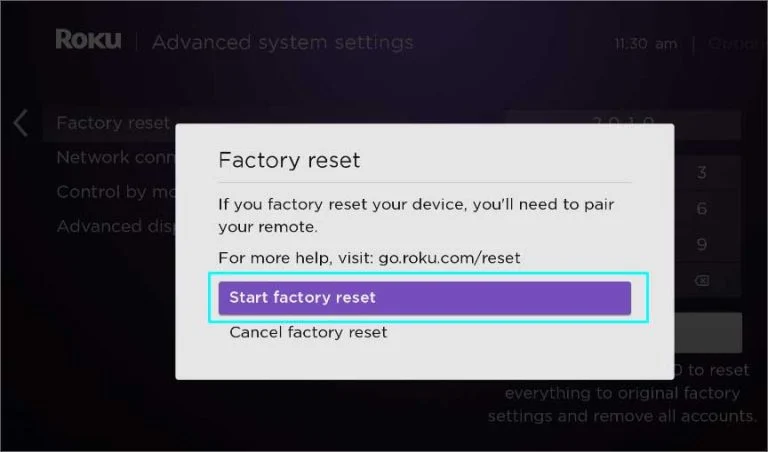 Choose to confirm the Start factory reset.