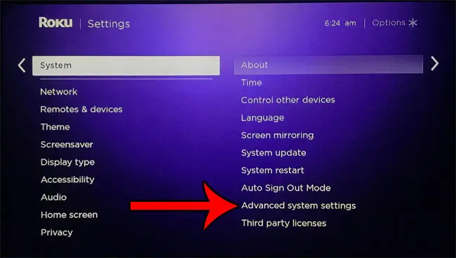 Advance settings option on Sharp Roku TV