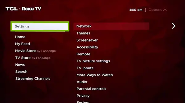 TCL Roku TV black screen settings page
