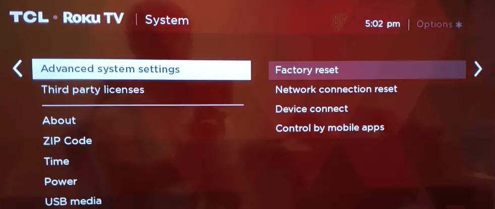 Select Factory Reset -TCL Roku TV stuck on red screen