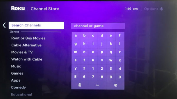 Search channel option on Roku