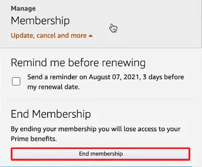 Click End Membership to cancel Amazon Prime Video on Roku