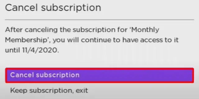 Click Cancel Subscription option on Apple TV sub menu