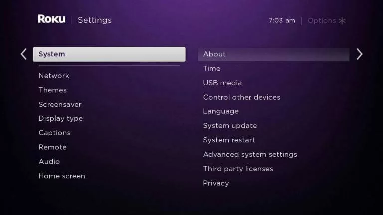 Choose About - Fix if Roku TV keeps turning off