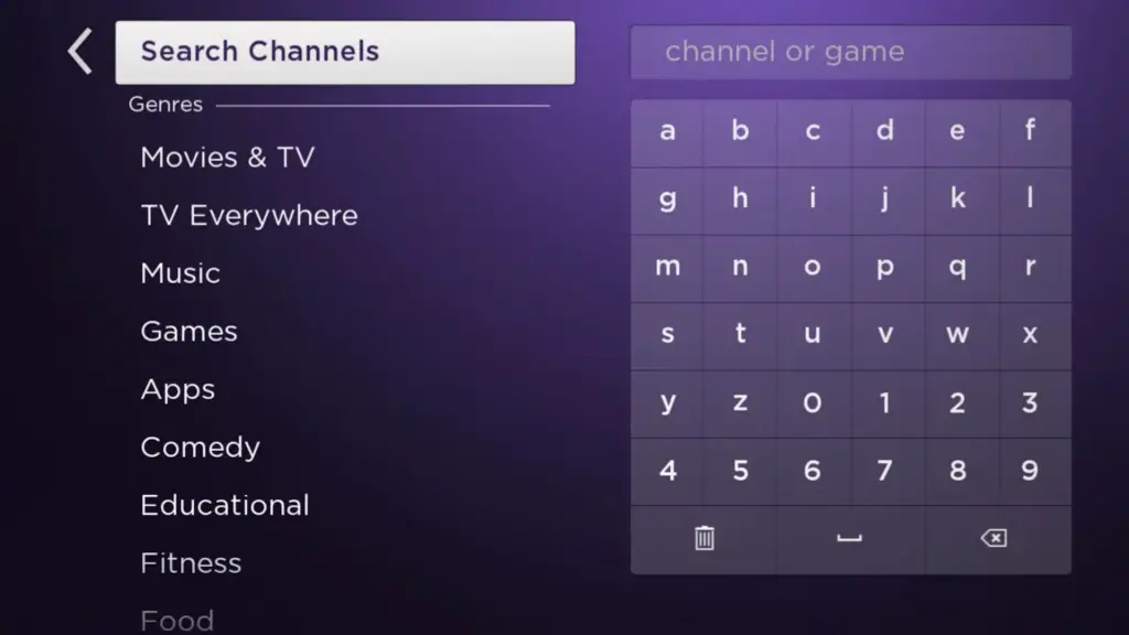 Search channels option on Roku