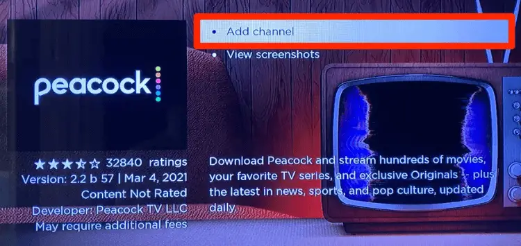 Click Add channel to Install Peacock TV on Roku
