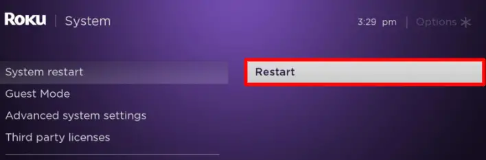 Select Restart and fix the YouTube TV not working on Roku