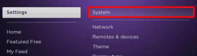 Select System option on Roku