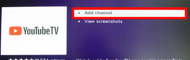 Click Add channel button to install YouTube TV on Roku