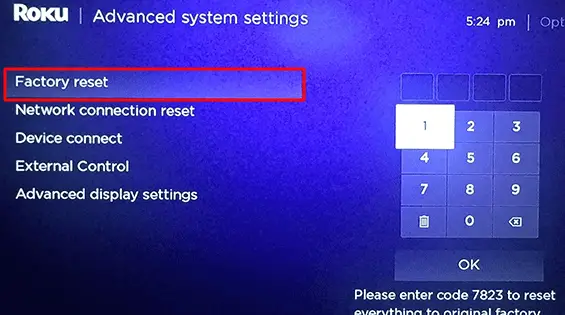 Perform a Factory reset to fix your YouTube TV not working on Roku