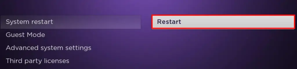 CLick Restart option and restart your Roku device to fix fuboTV not Working on Roku