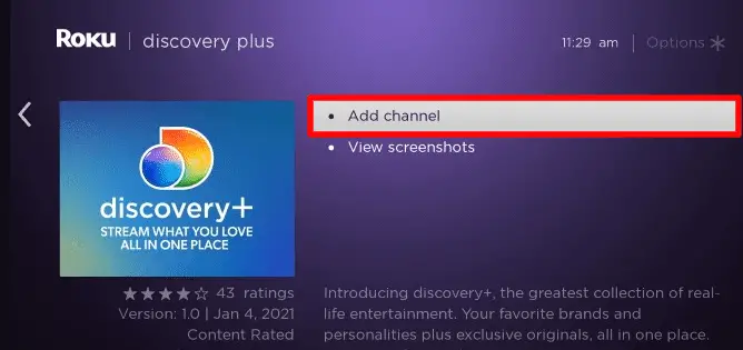 Click on Add channel button to install Discovery plus on Roku 