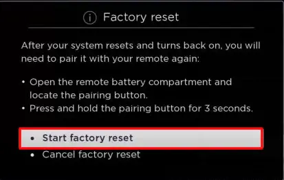 Choose Start Factory Reset option to Fix Roku Volume not Working 