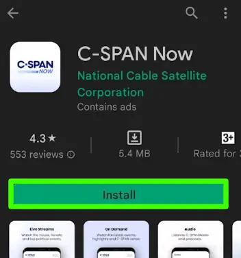 Click on the Install button to watch C-Span on Roku from Android
