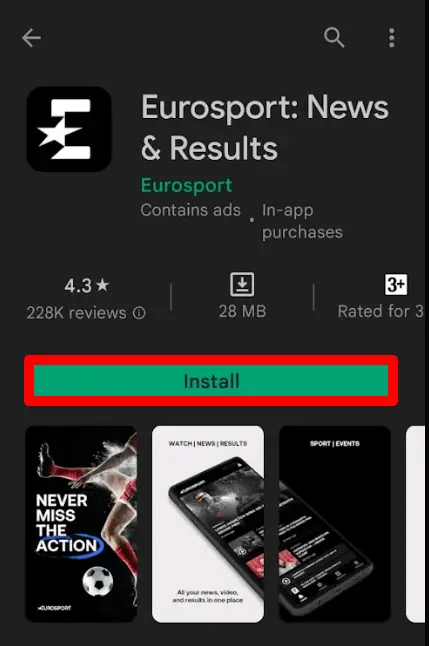 Click on the install button to watch Eurosport on Roku and Android