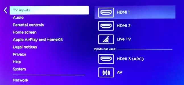 Select TV inputs option