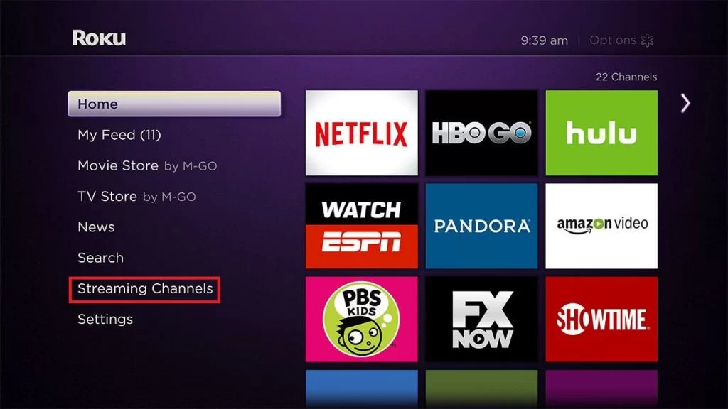 Select the Streaming Channels option