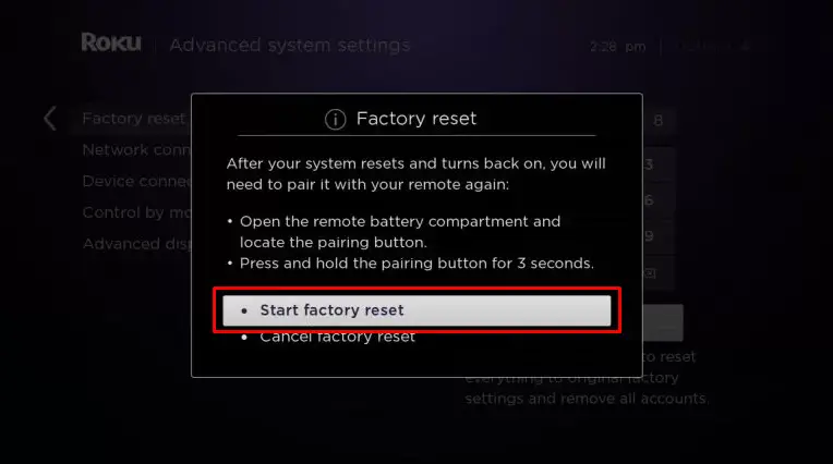 Click Start factory reset to fix Sling TV Not Working on Roku