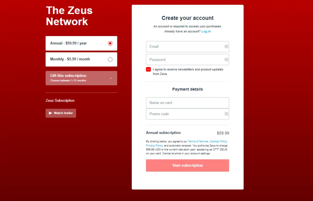 Click Start Subscription to get Zeus Network on Roku