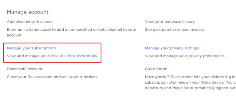 Tap on Manage Subscriptions to cancel Netflix on Roku