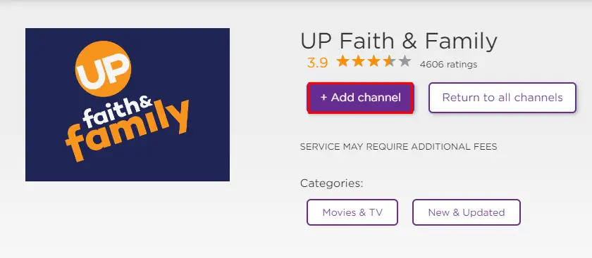 Add UP Faith and Family channel on Roku 