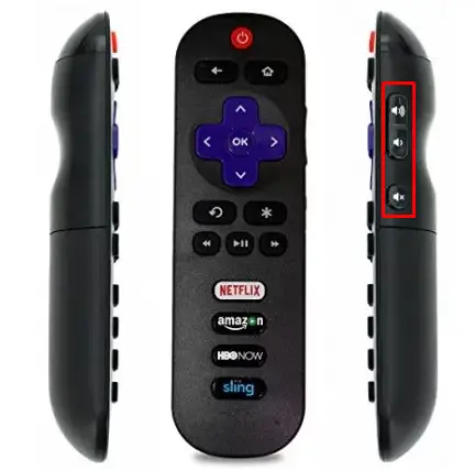 Volume up/down buttons on the side of Roku remote.