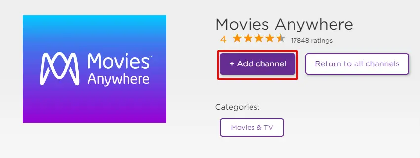 Click on + Add Channel and download Movies Anywhere on Roku