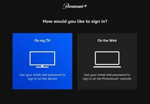 Choose a method of login on Paramount Plus app