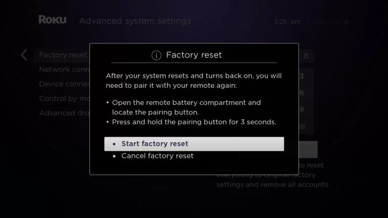 Click on Start factory reset to FIx screen mirroring issue on Roku