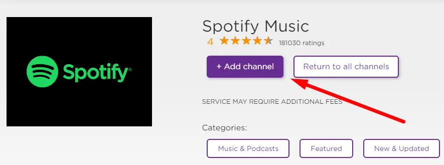 Click + Add channel to get Spotify on Roku