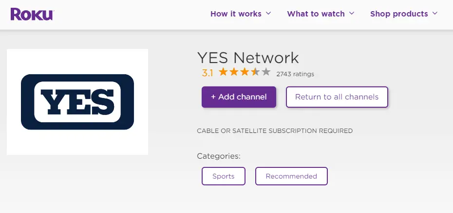 Select Add Channel to install YES Network on Roku