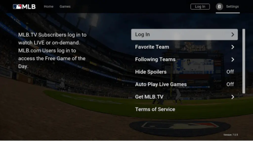 Select Settings on MLB TV app