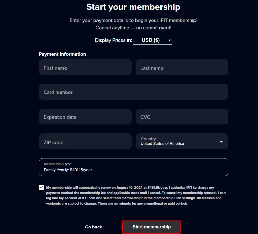 Enter the payment details and click on Start Membership