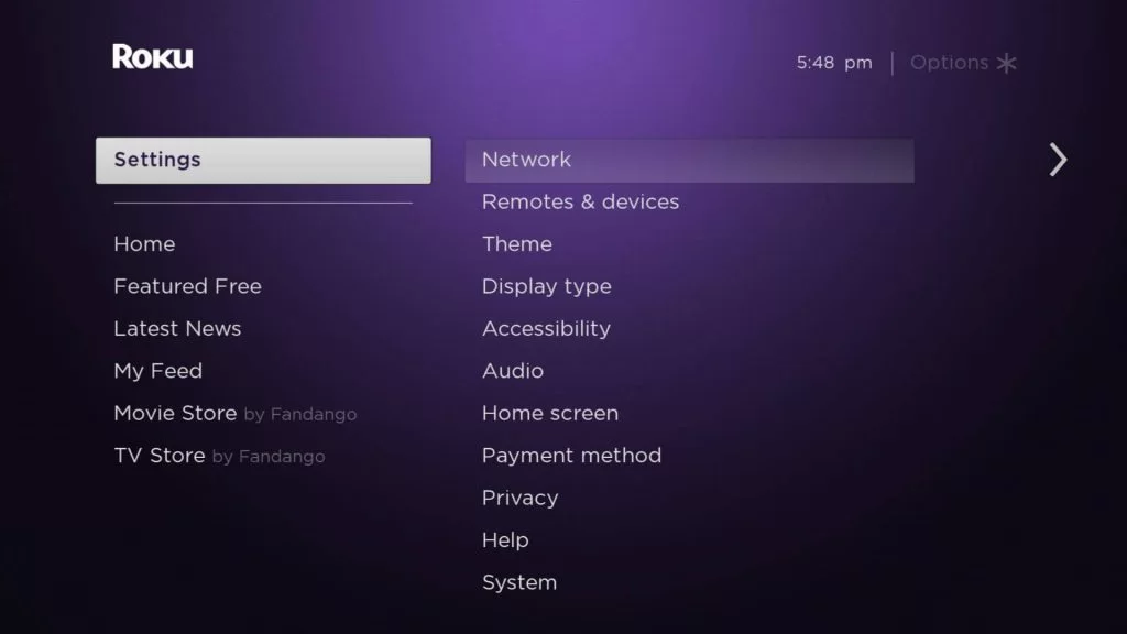 Select Settings to connect Roku to WIFI