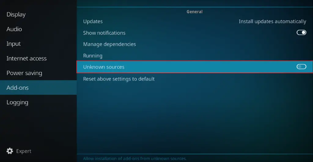 Enable Unknown sources on Kodi to install 123Movies