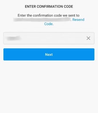 Enter the confirmation code on Instagram app