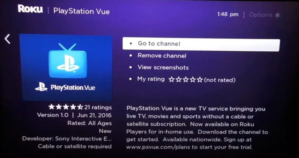 Select Go to Channel launch PlayStation Vue
