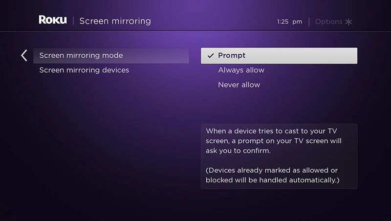 Click Screen mirroring mode and select Prompt