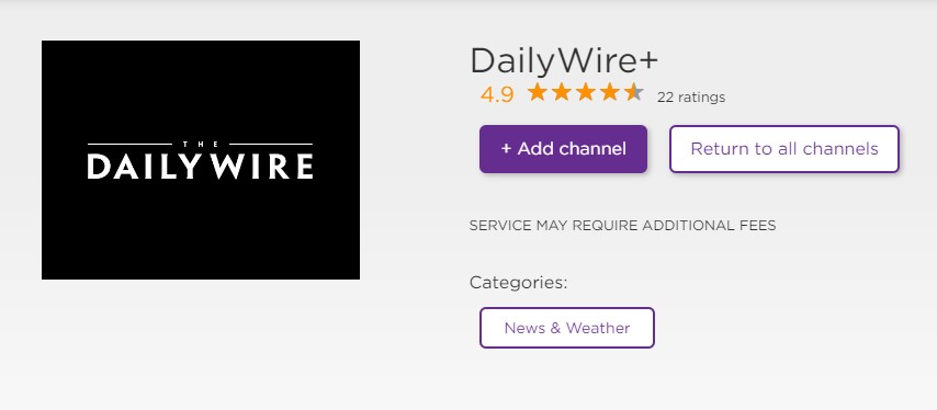 Click Add channel to install Daily Wire on Roku