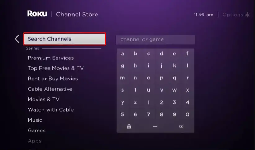 Select the Search channel option to download Bally Sports on Roku