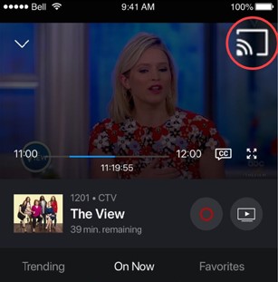Click the Cast icon in the Bell Fibe TV app